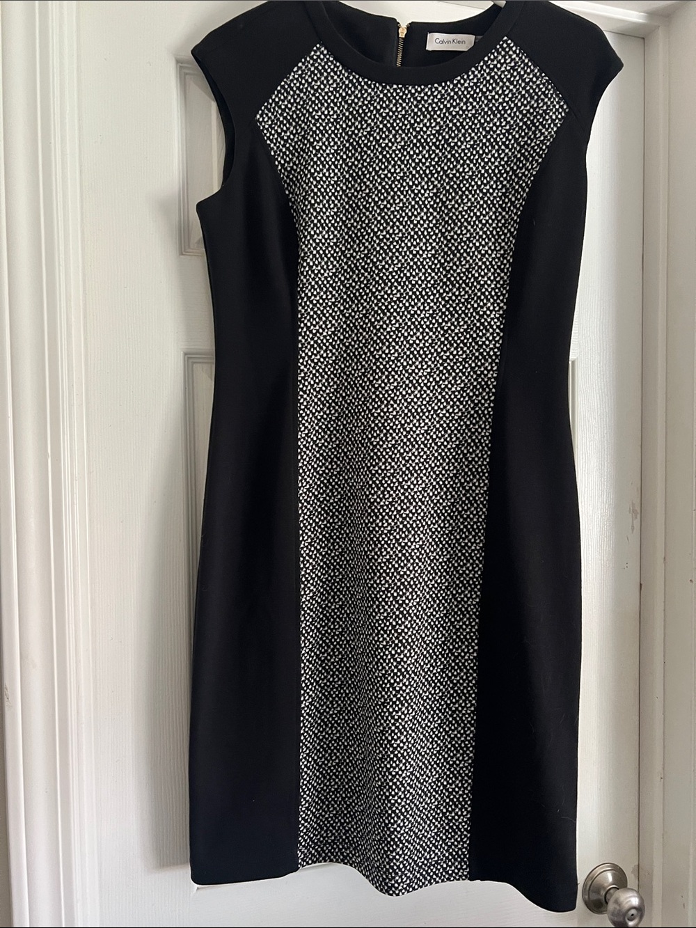 Calvin Klein Black & White Tweed-Panel Midi Sheath Dress